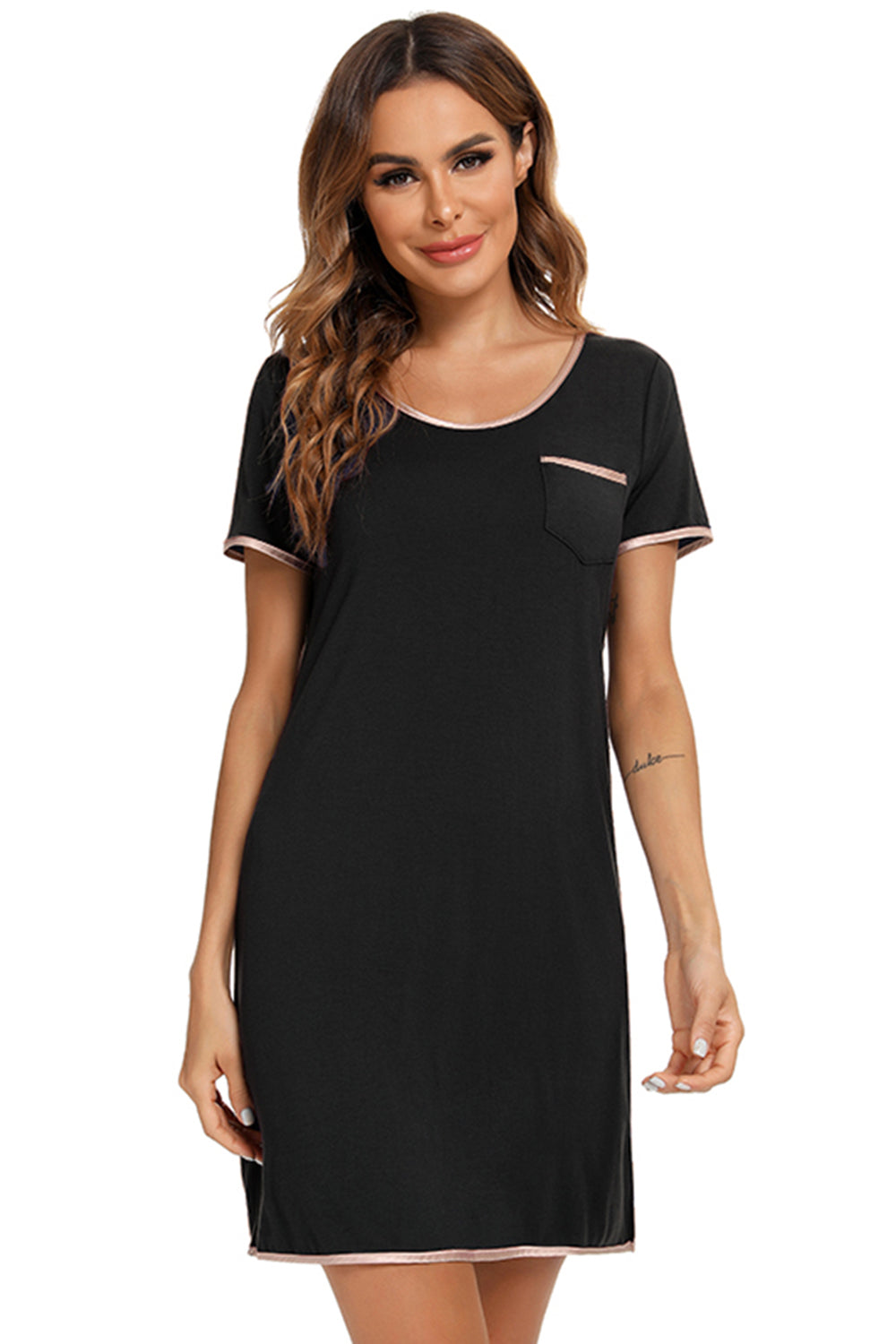 Contrast Trim Pocketed Round Neck Lounge Dress